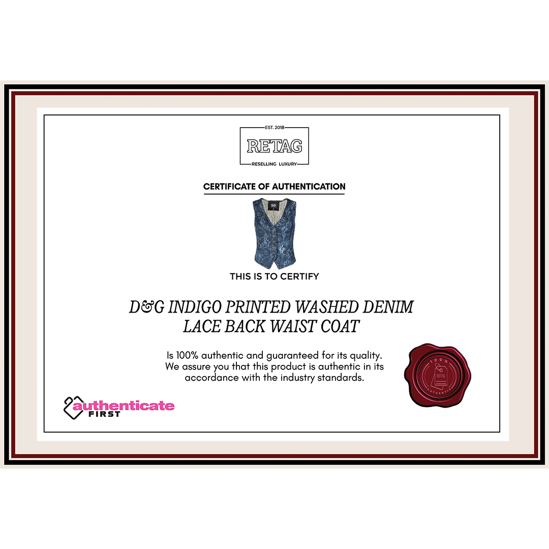 D&G Indigo Printed Washed Denim Lace Back Waist Coat