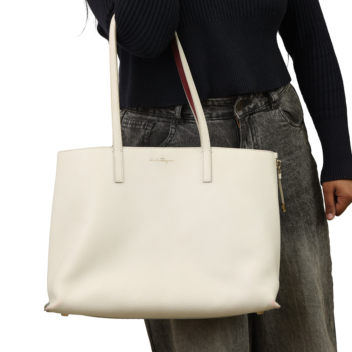 SALVATORE FERRAGAMO JET SET LARGE WHITE TOTE BAG