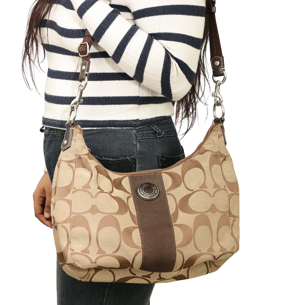 COACH SIGNATURE STRIPE CONVERTIBLE HOBO SHOULDER BAG