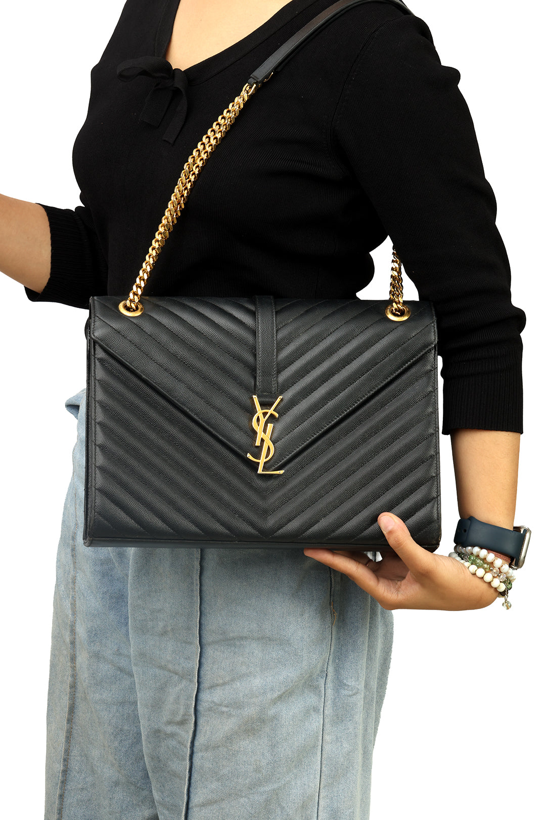 YVES SAINT LAURENT QUILTED CHEVRON LEATHER SHOULDER BAG