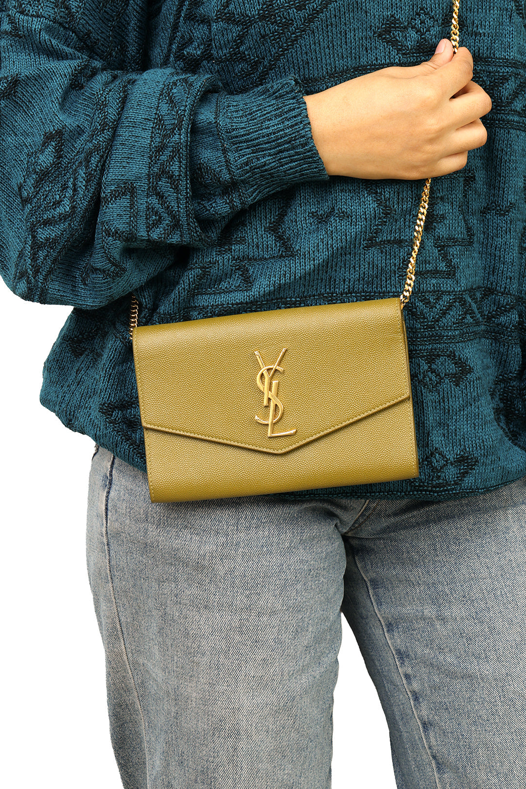 YVES SAINT LAURENT OLIVE GREEN LEATHER UPTOWN SLING