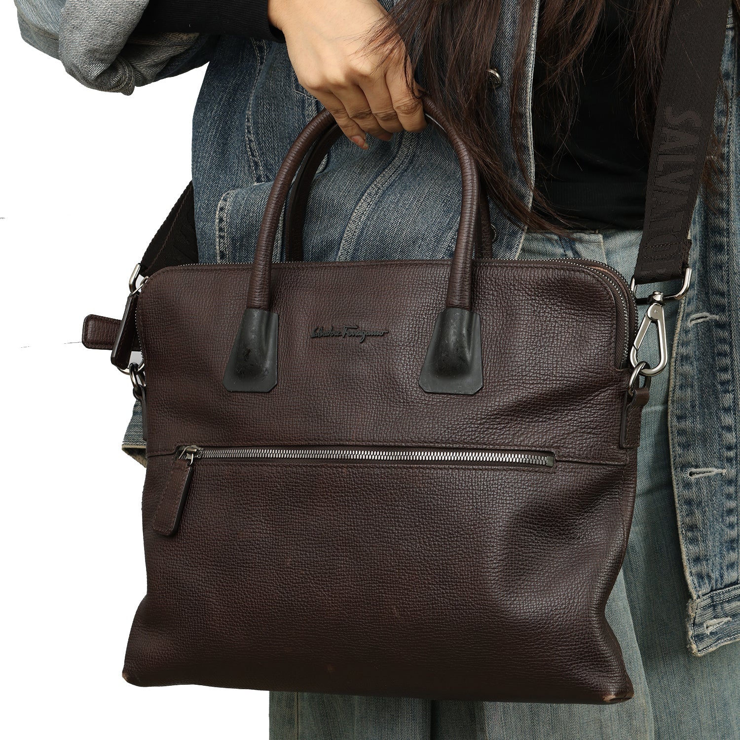 SALVATORE FERRAGAMO BROWN LEATHER LAPTOP BAG