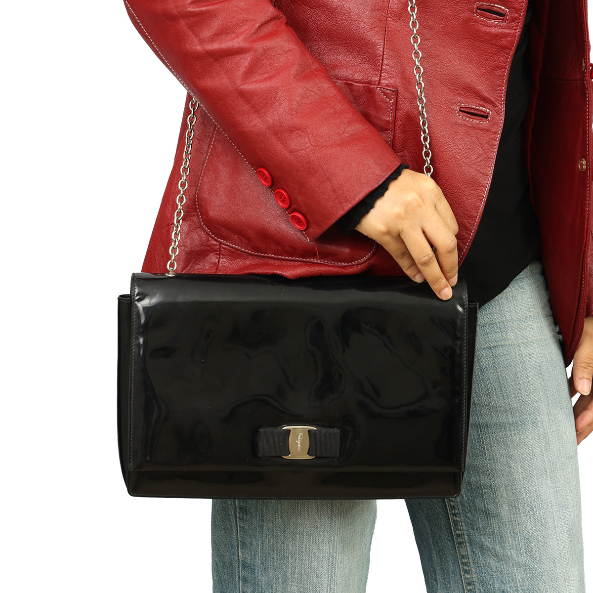 SALVATORE FERRAGAMO PATENT LEATHER VARA BOW BAG