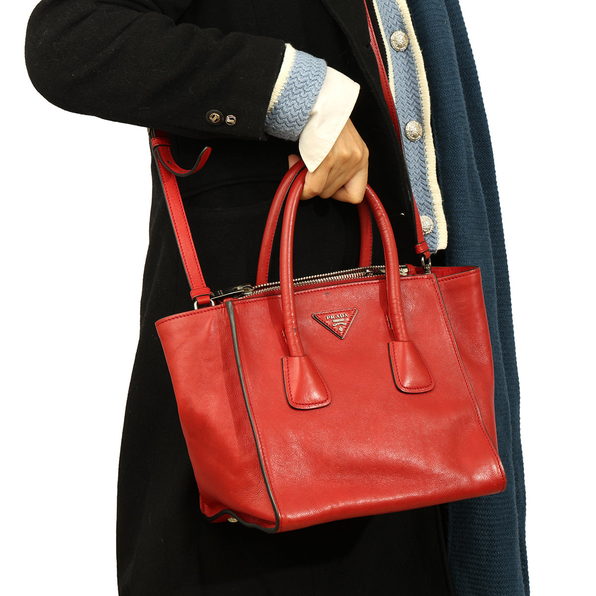 PRADA GLACE CALF TWIN POCKET DOUBLE ZIP TOTE BAG