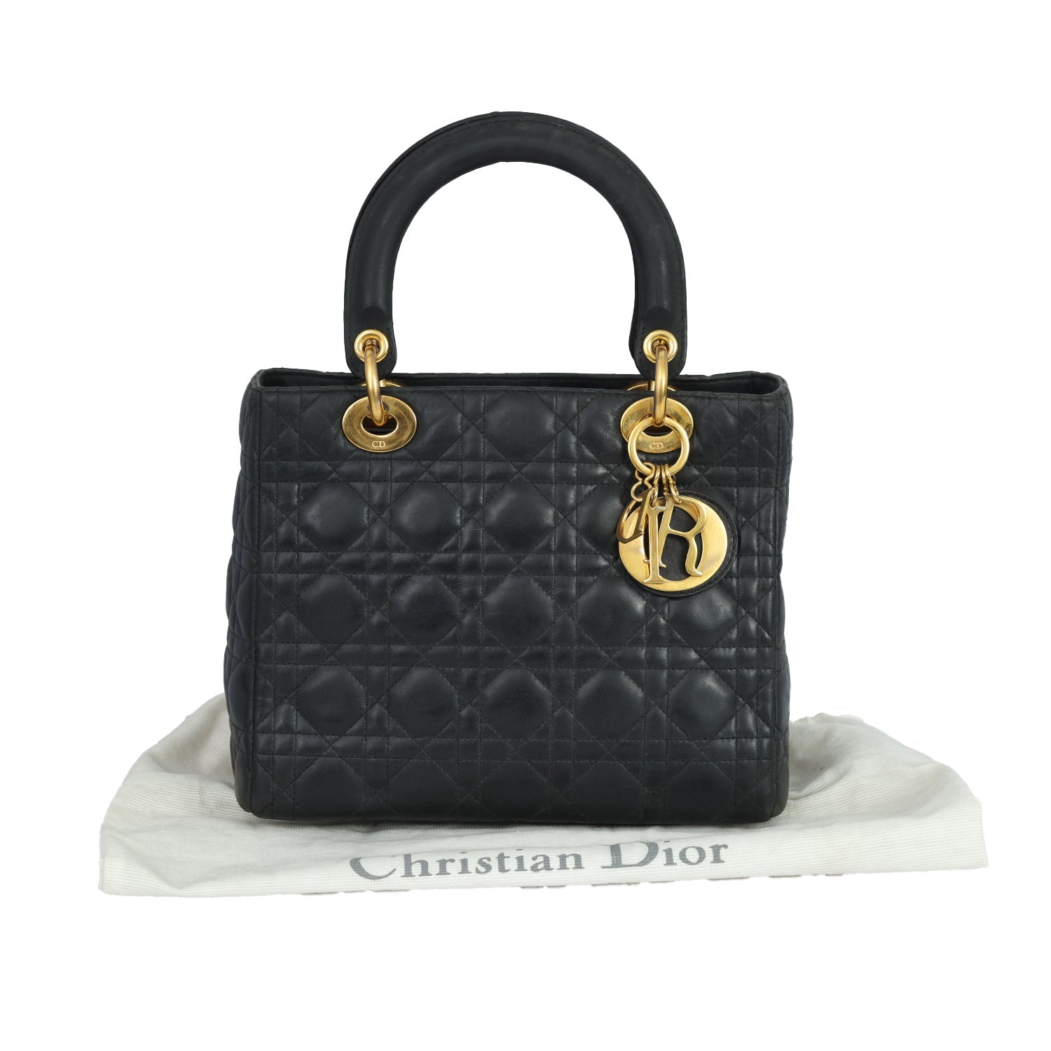 CHRISTIAN DIOR LADY DIOR MEDIUM QUILTED BLACK HANDBAG