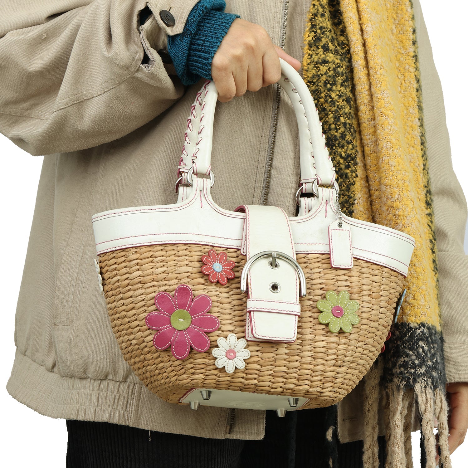 COACH 2003 FLOWER BASKET STRAW HANDBAG