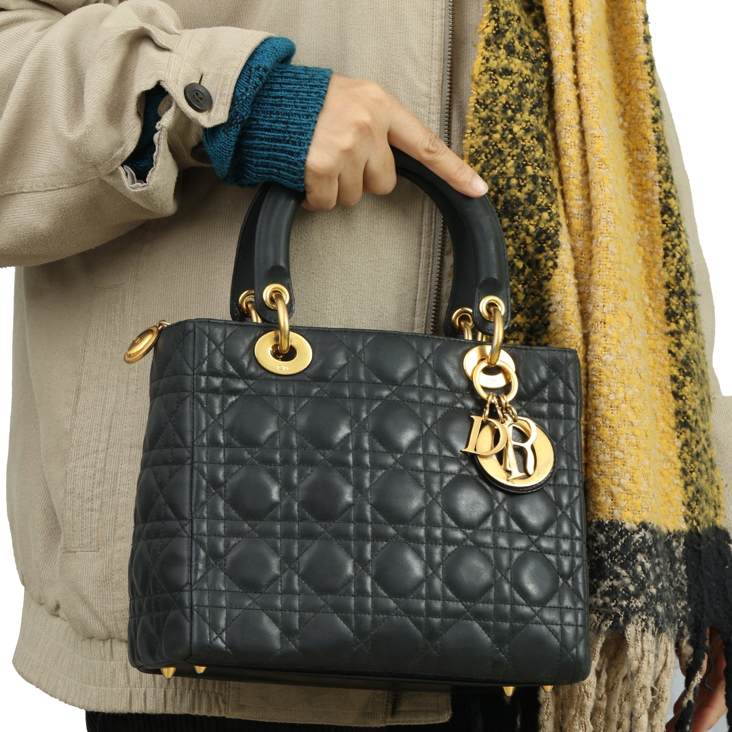 CHRISTIAN DIOR LADY DIOR MEDIUM QUILTED BLACK HANDBAG