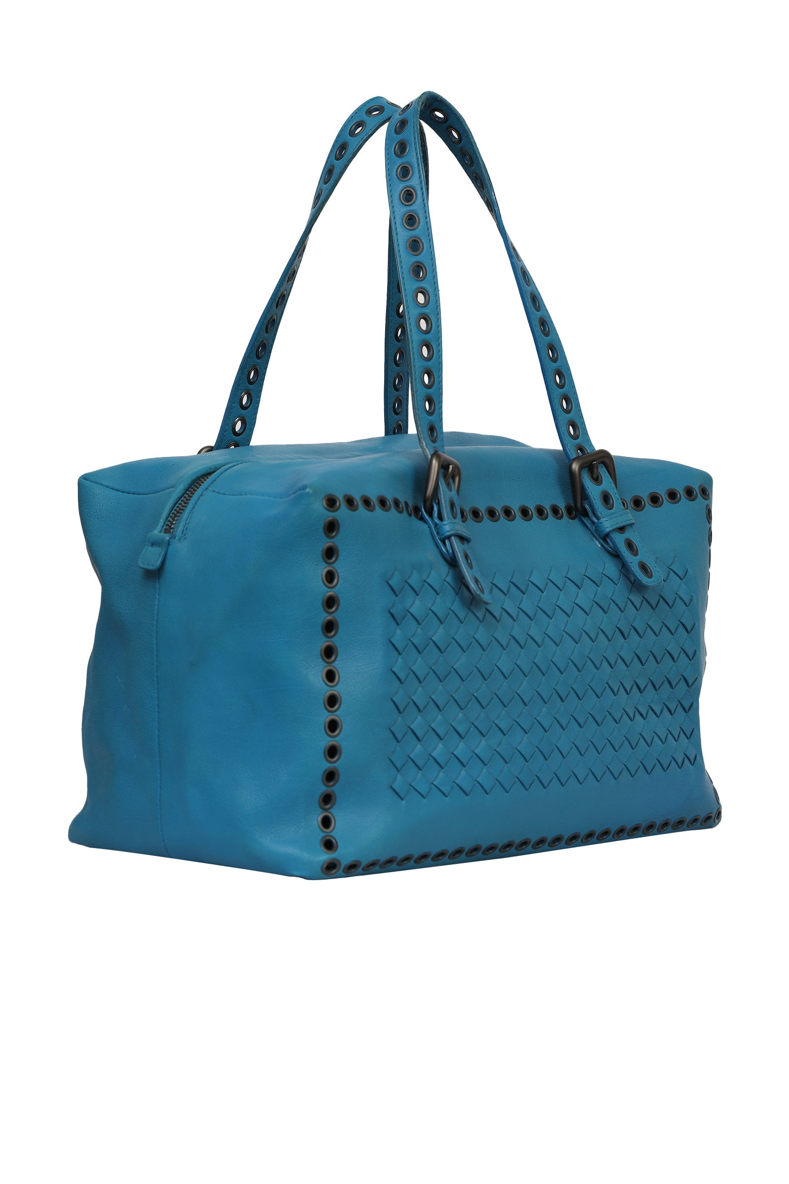 Bottega Veneta Blue Leather Intrecciato Boston Bag