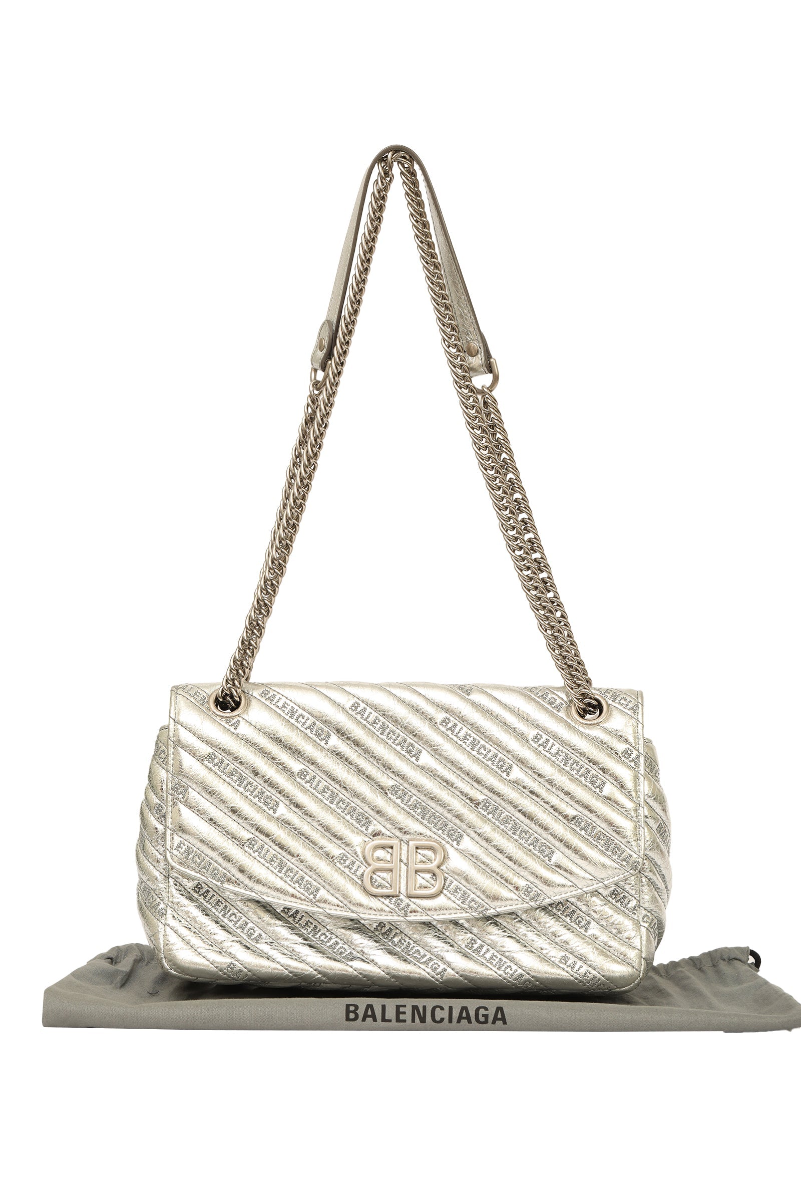Balenciaga Bb Chain Round Silver Quilted Bag