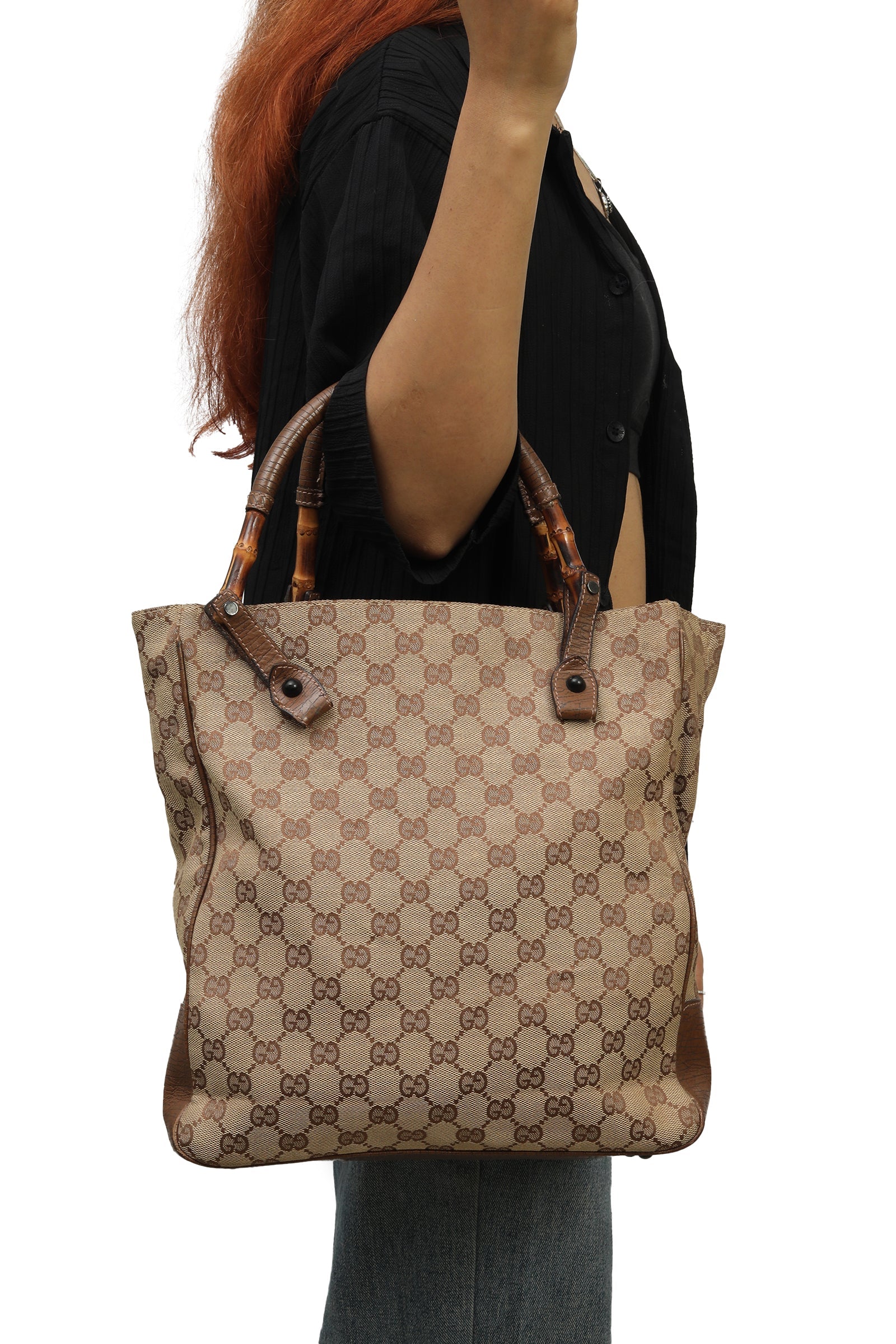 Gucci Gg Monogram Bamboo Handle Tote Bag