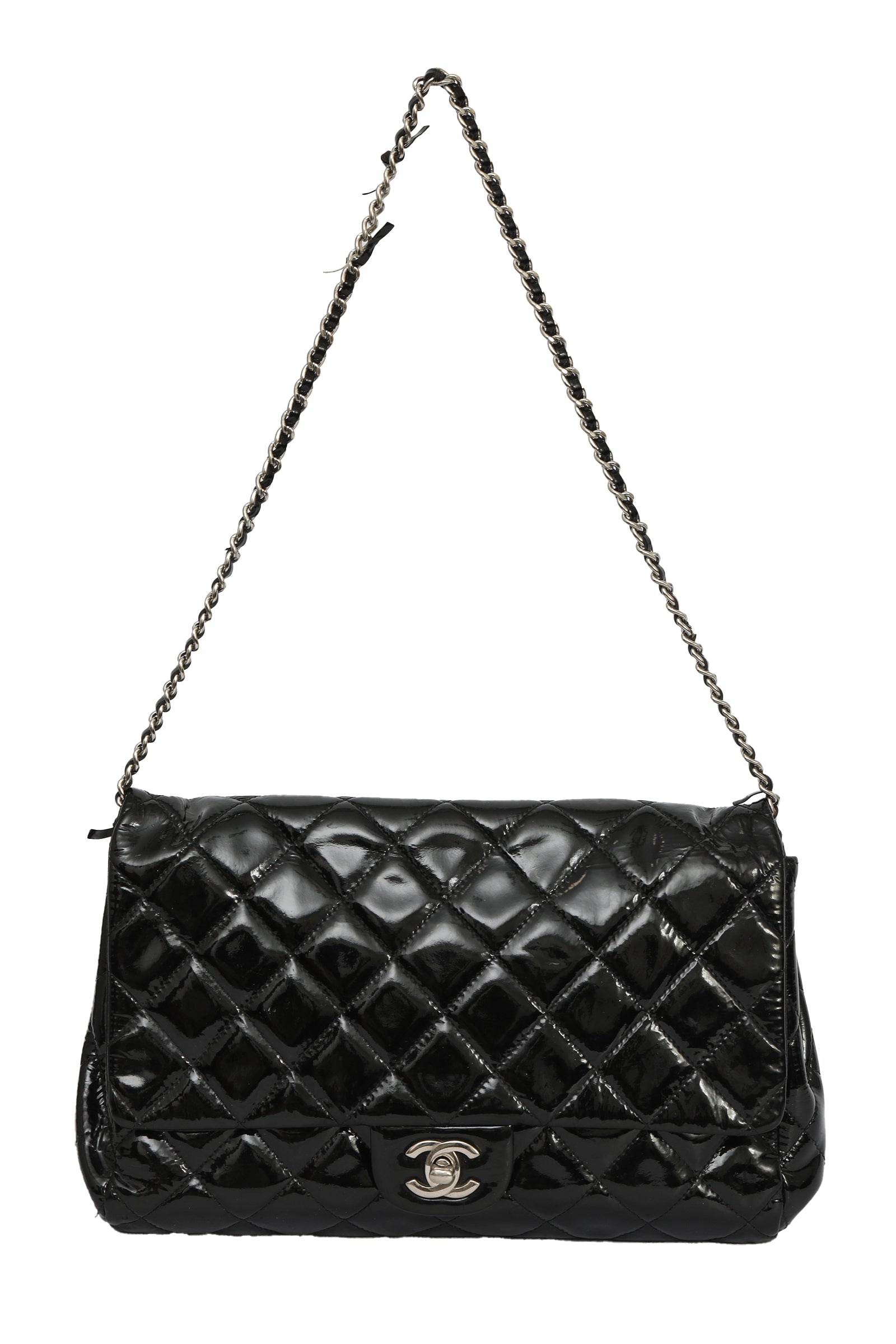 Chanel Black Patent Leather Quilted Single Flap Maxi Classic Bag