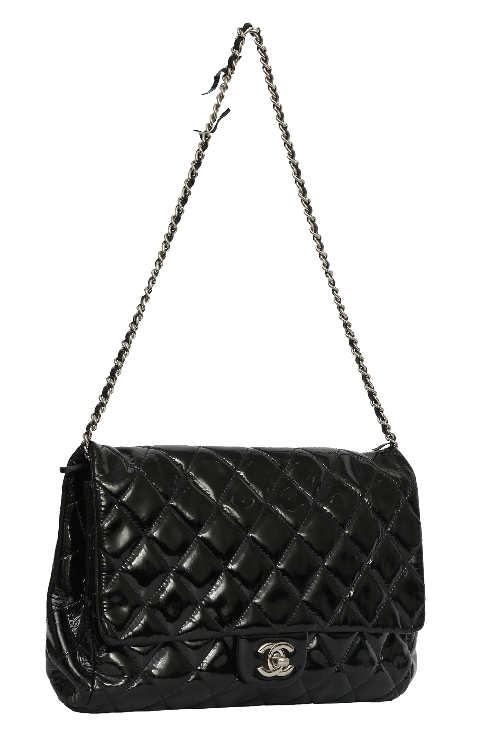 Chanel Black Patent Leather Quilted Single Flap Maxi Classic Bag