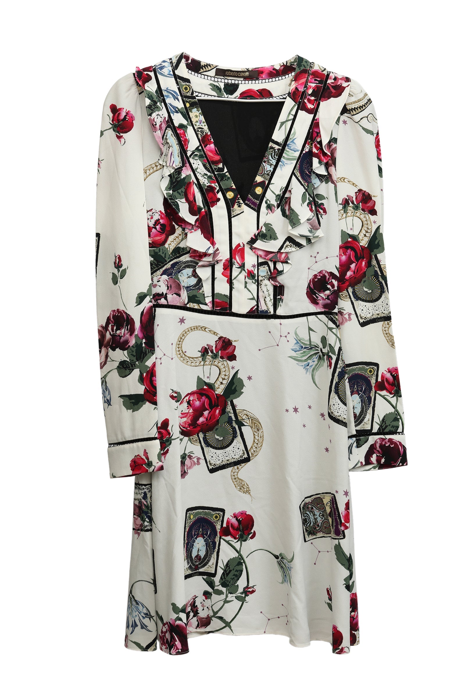 Roberto Cavalli Size M Floral Tarot Card Print Ruffle Dress