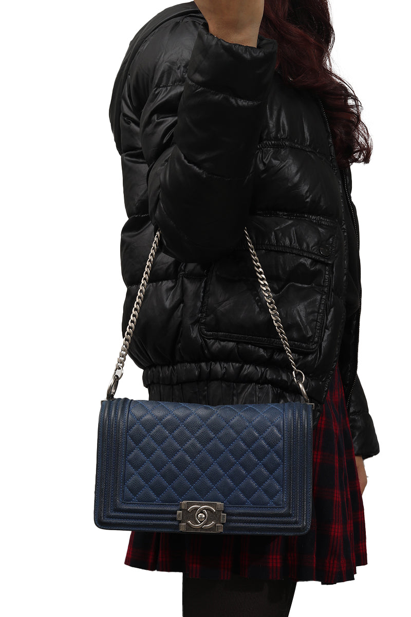 Chanel Navy Metallic Cavier Medium Boy Bag