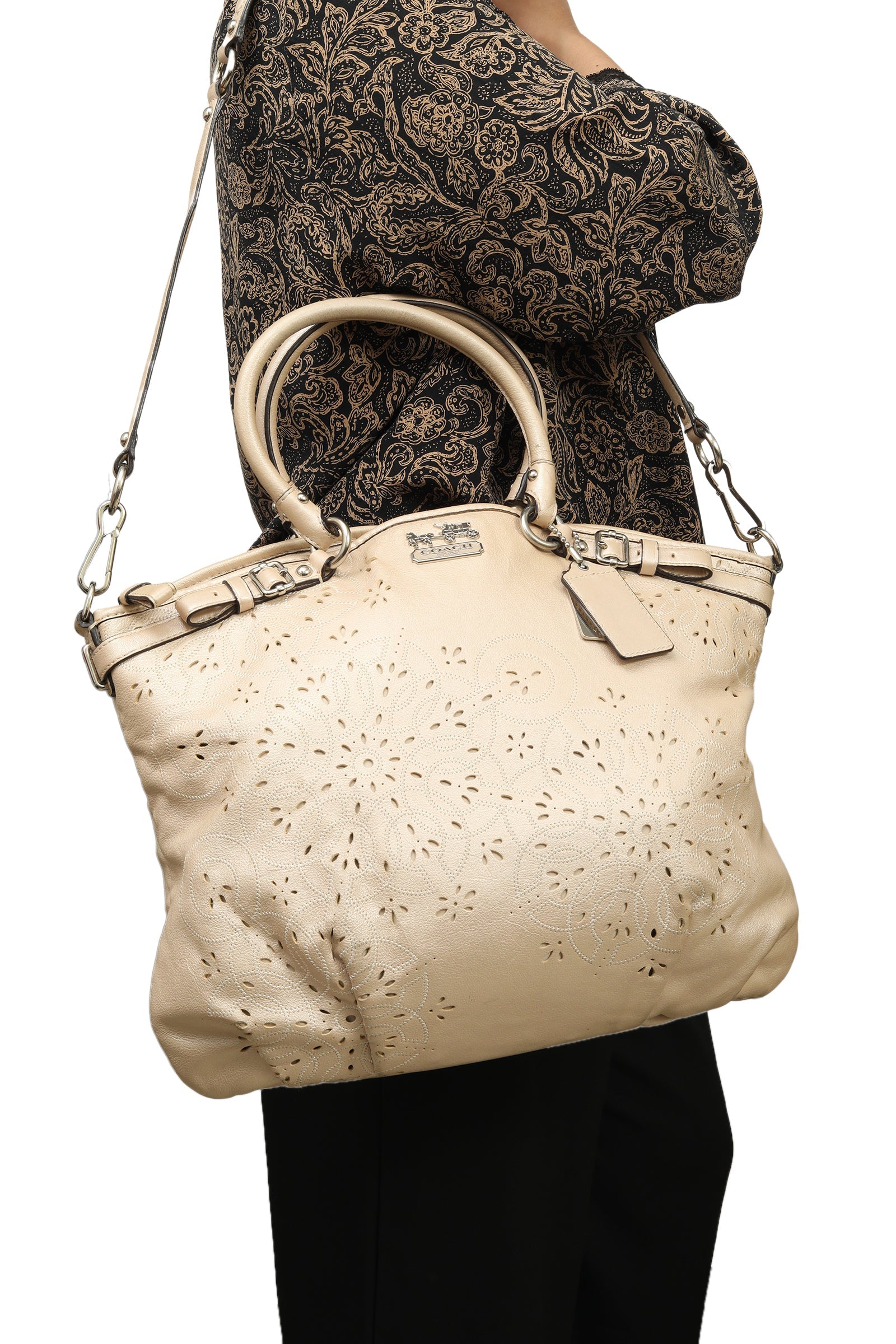 Coach Leather Floral Laser Cut Lindsey Satchel Bag