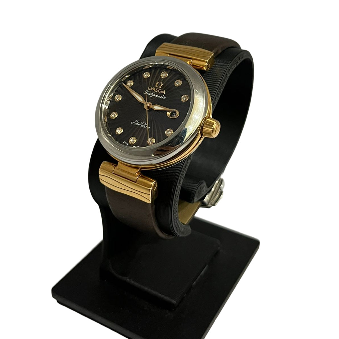 Omega 34 Mm De Ville Ladymatic Brown Leather Diamond Watch