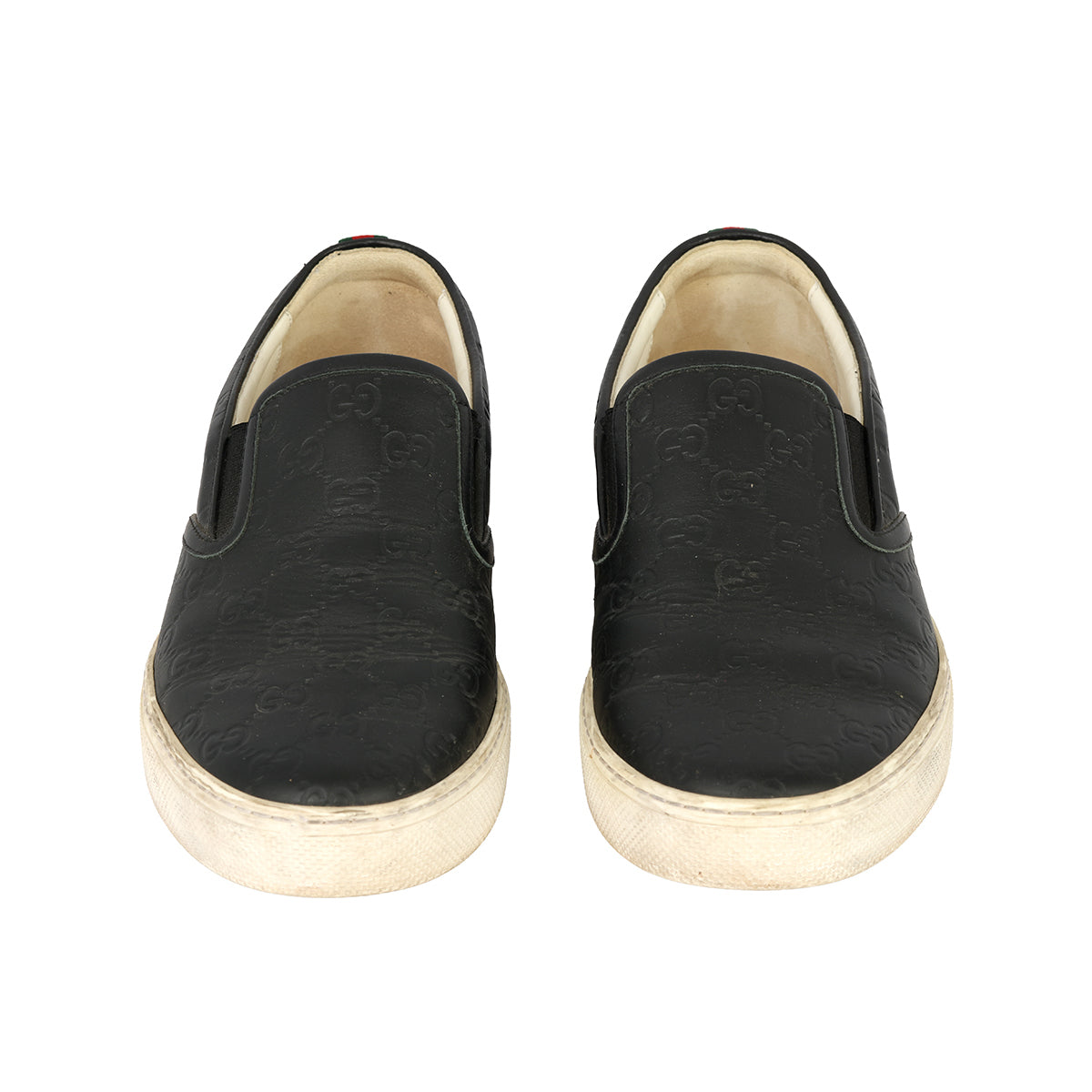 GUCCI EU-43 MONOGRAM BLACK SLIP-ON LOAFERS