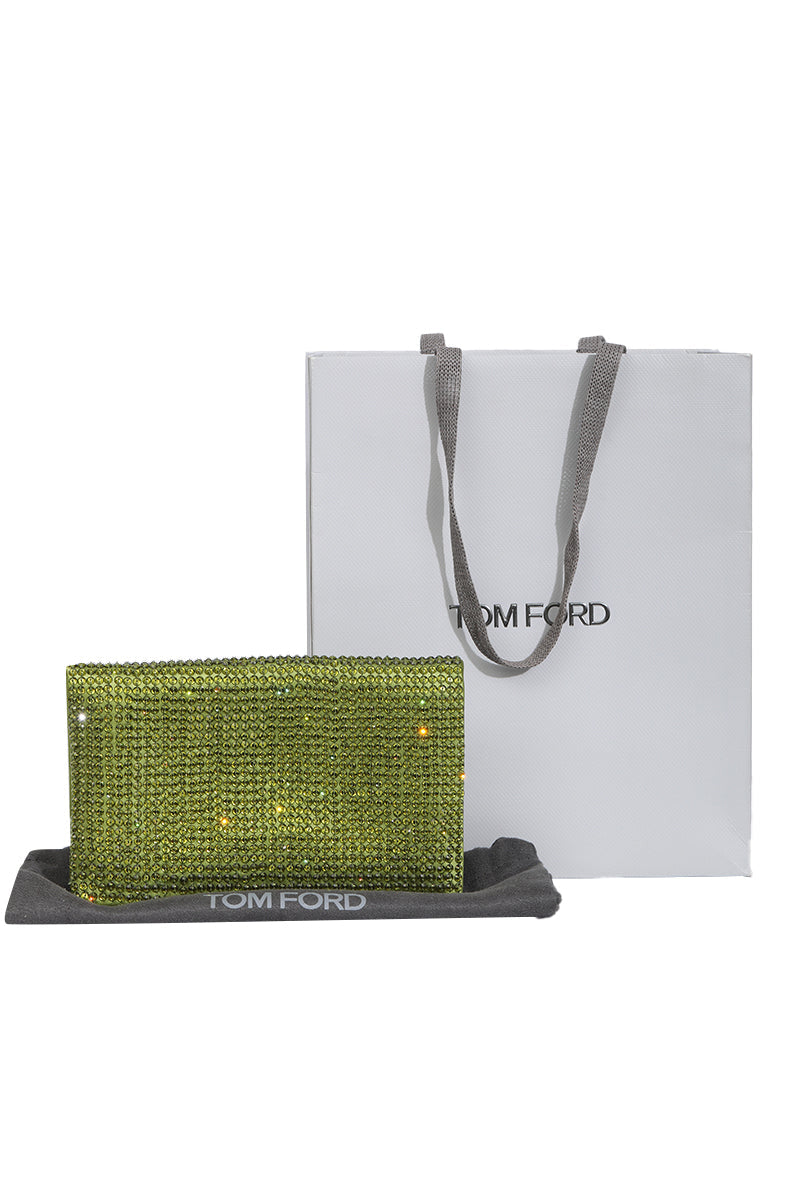 Tom Ford Green Satin Crystal Embellished Flat Clutch