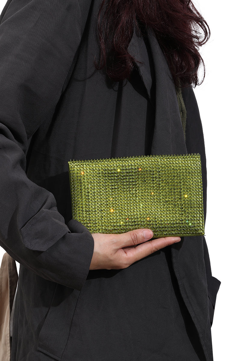 Tom Ford Green Satin Crystal Embellished Flat Clutch