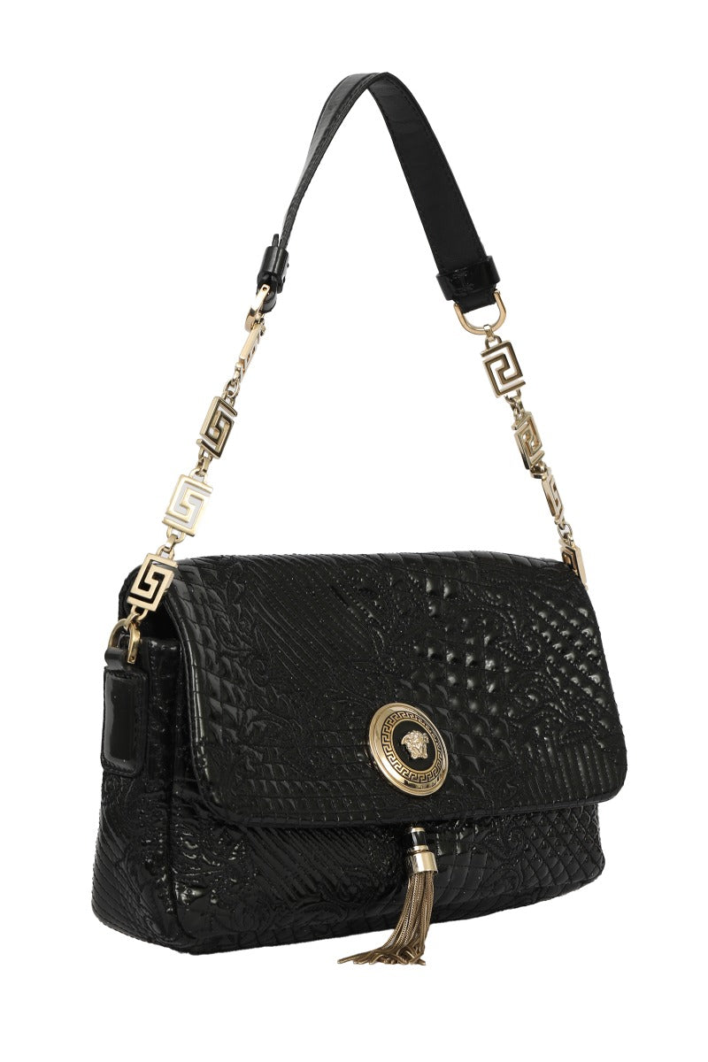 gianni-versace-black-patent-leather-medusa-head-tassel-shoulder-bag