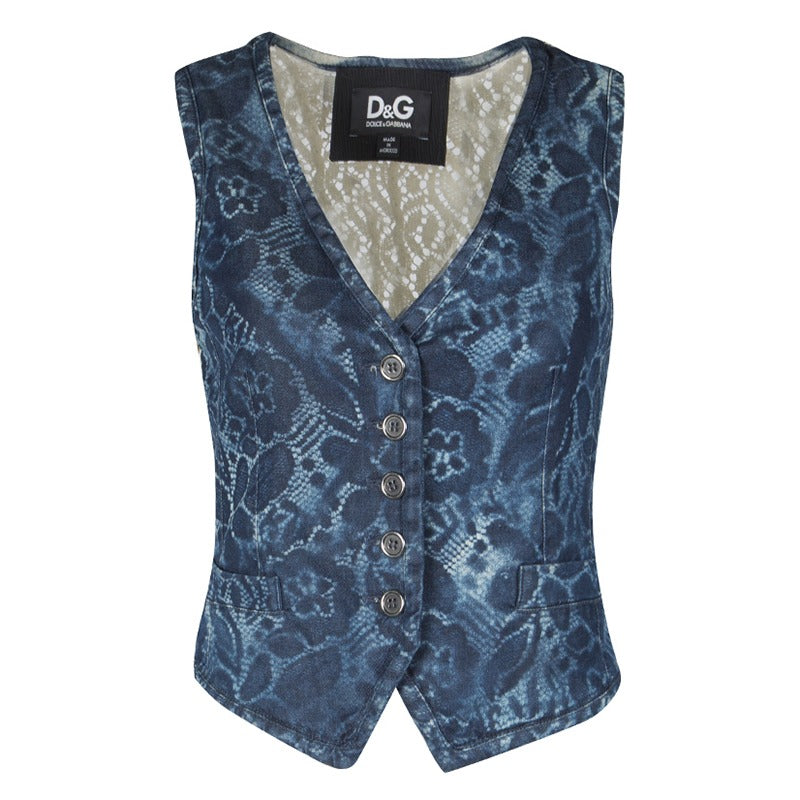 D&G Indigo Printed Washed Denim Lace Back Waist Coat