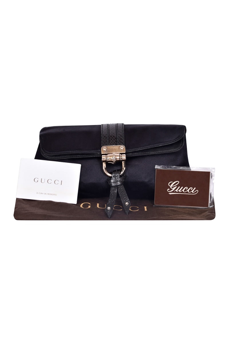 Gucci Black Satin & Snakeskin Bamboo Croisette Clutch
