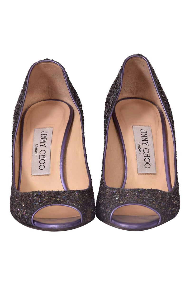 Jimmy Choo Glitter Encrusted Peep Toe Wedges