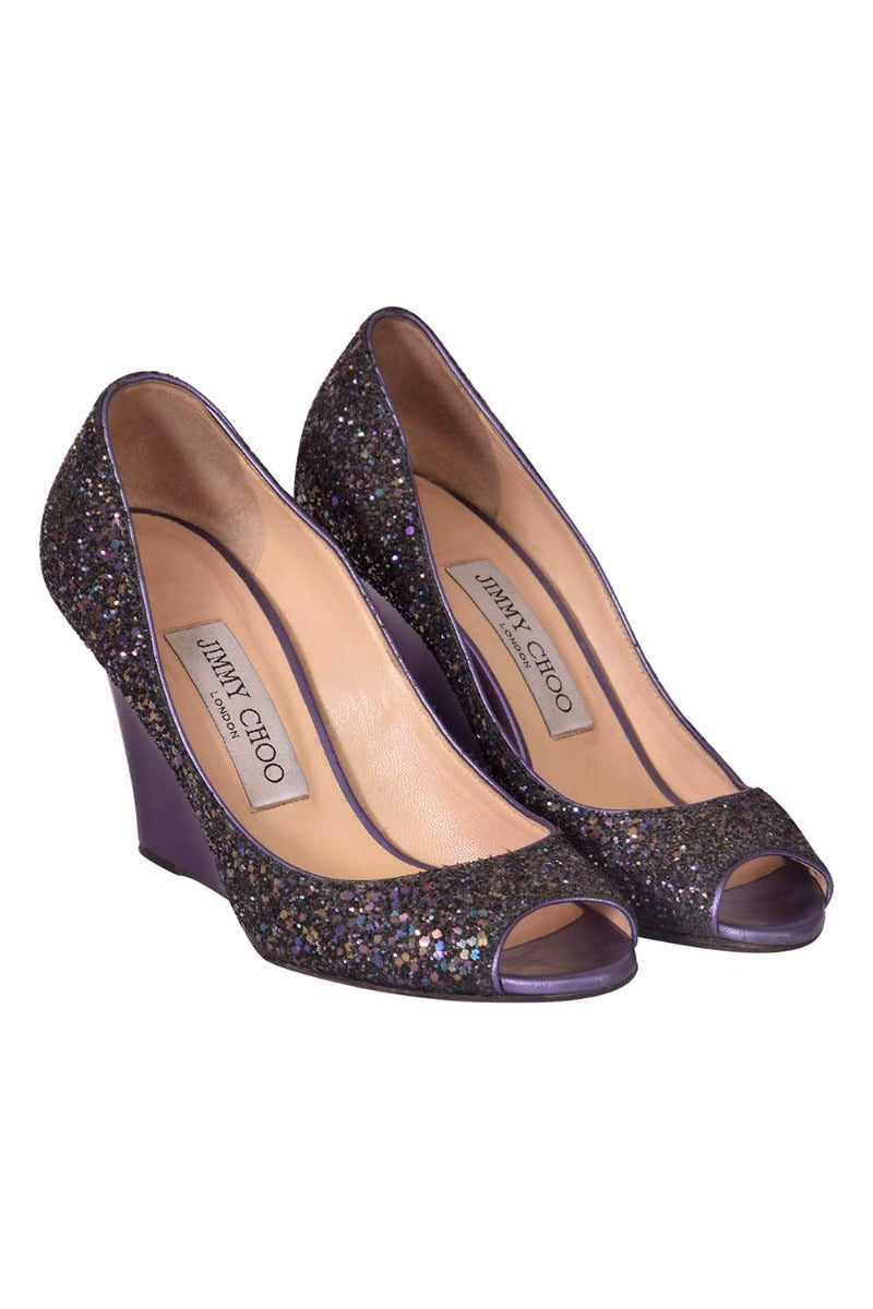 Jimmy Choo Glitter Encrusted Peep Toe Wedges