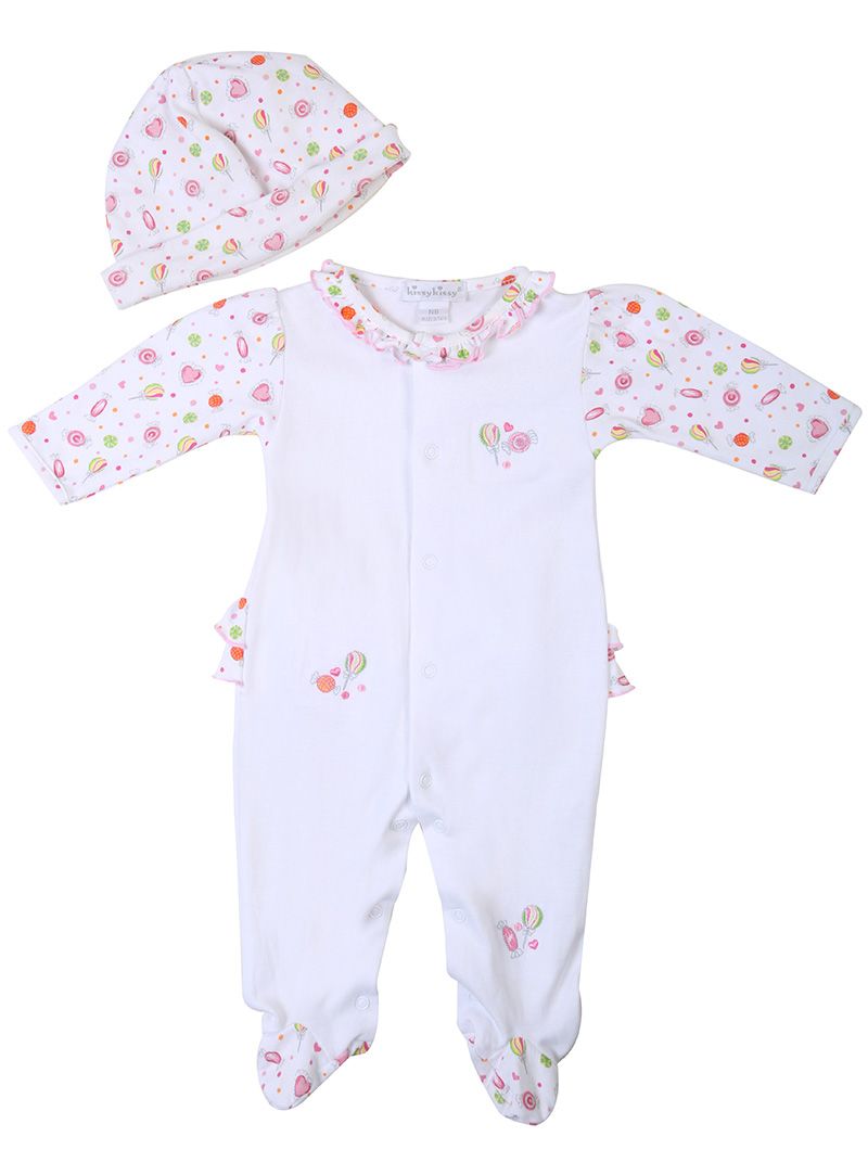 Kissy Kissy Ruffled Candy Romper With Mittens & Cap
