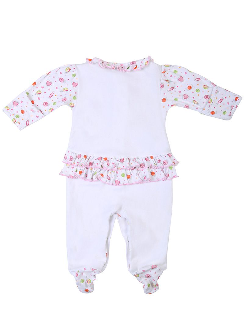 Kissy Kissy Ruffled Candy Romper With Mittens & Cap
