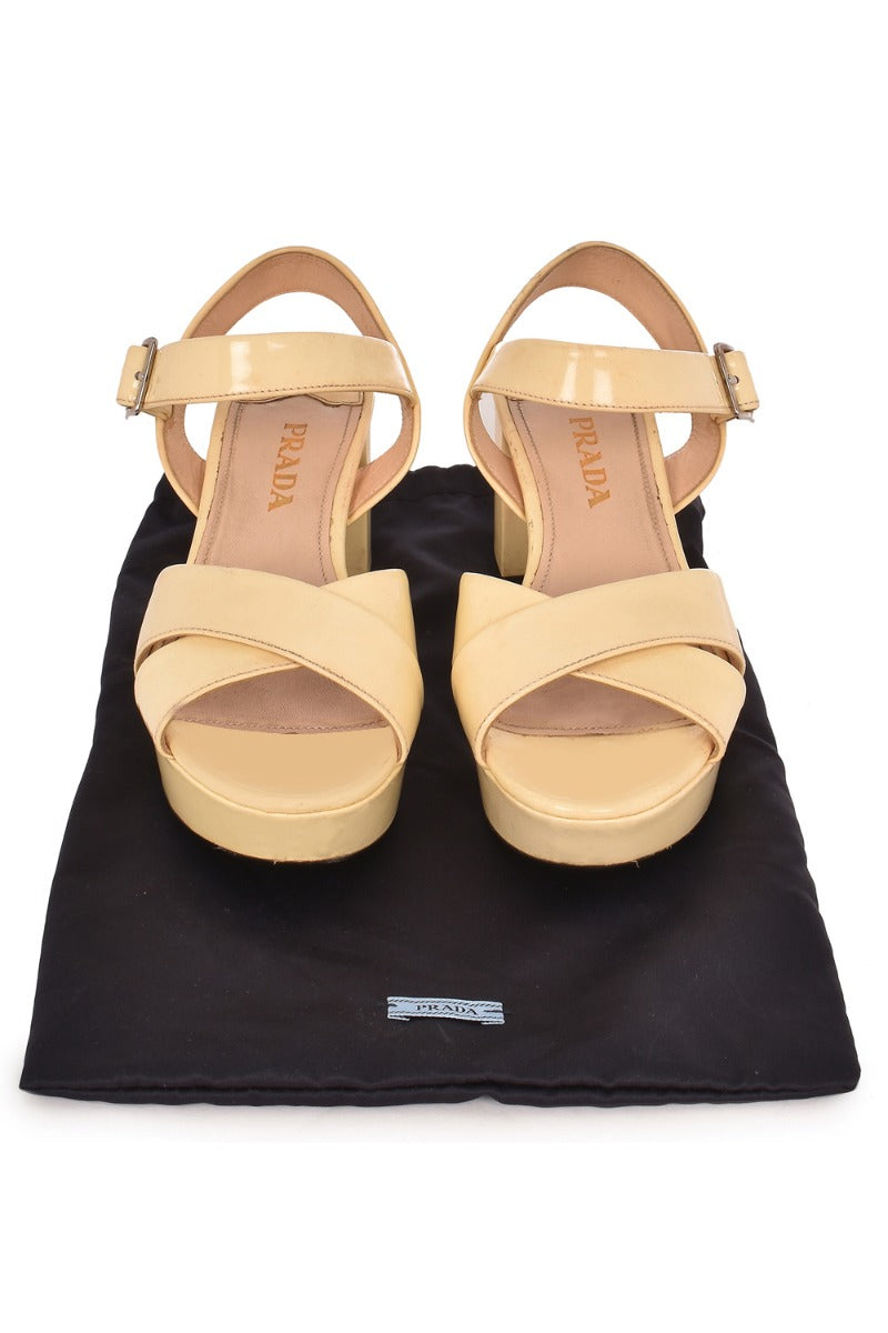 Prada Off- White Platform Ankle Wrap Sandals