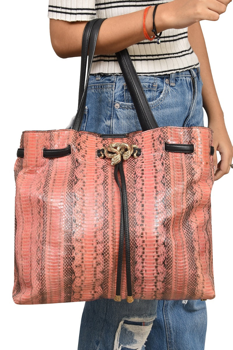 roberto-cavalli-peach-python-leather-tote-bag