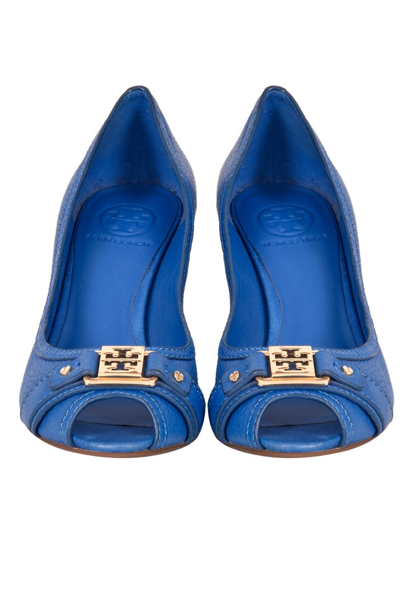 Tory Burch Logo Peep Toe Wedges