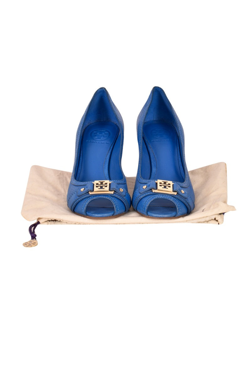 Tory Burch Logo Peep Toe Wedges