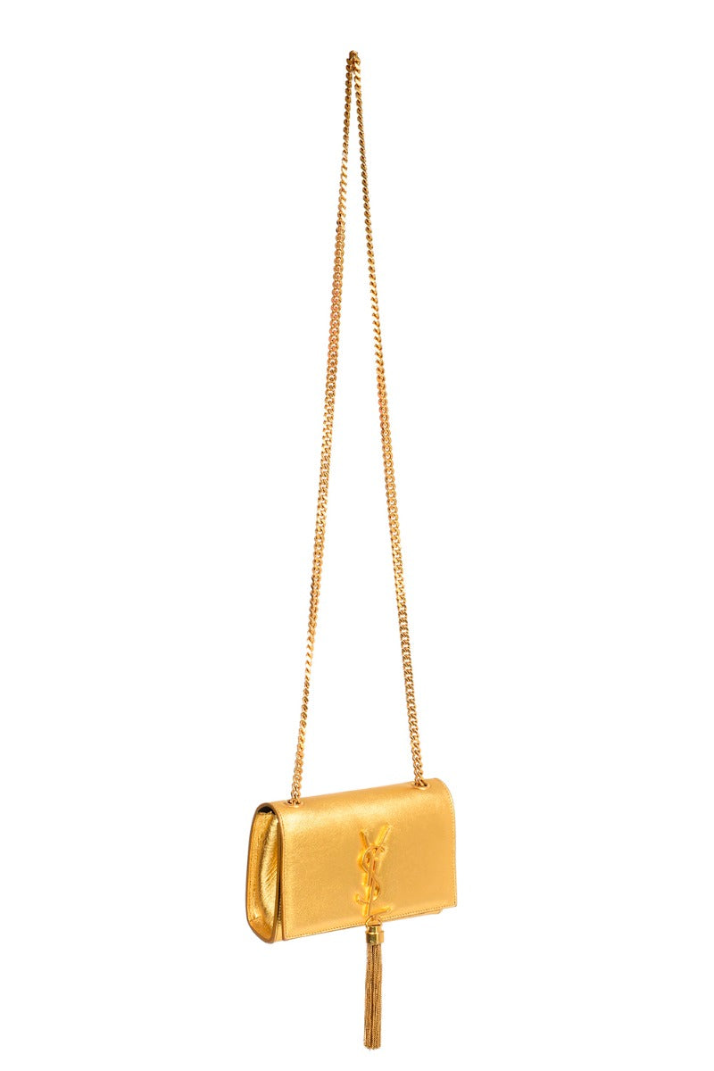 Saint Laurent Gold Metallic Leather Classic Monogram Tassel Small Flap Bag