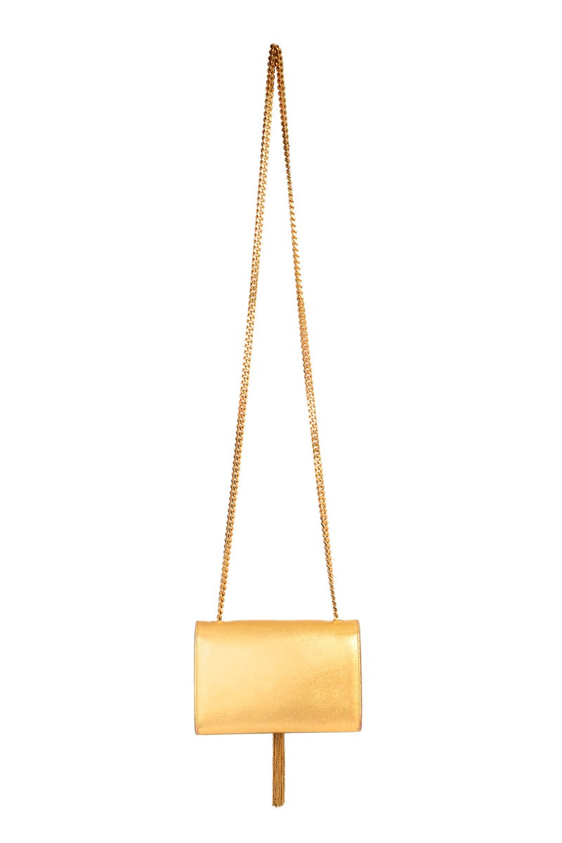 Saint Laurent Gold Metallic Leather Classic Monogram Tassel Small Flap Bag