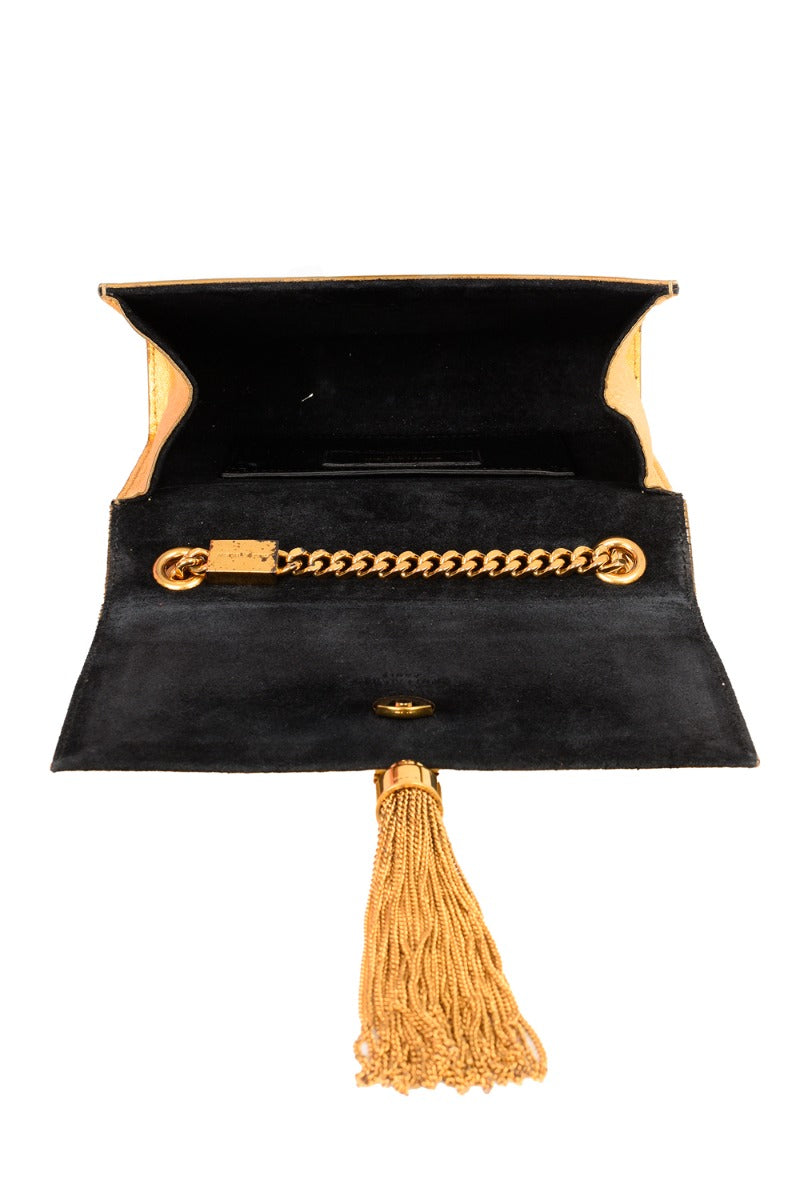 Saint Laurent Gold Metallic Leather Classic Monogram Tassel Small Flap Bag