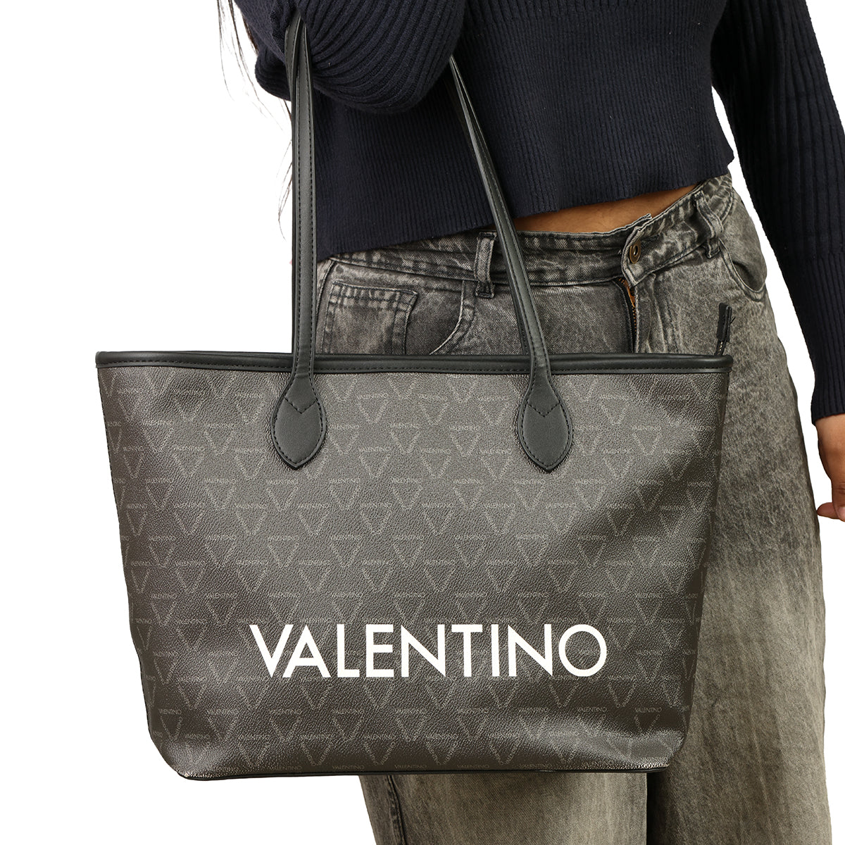 MARIO VALENTINO BLACK LIUTO LOGO TOTE BAG 