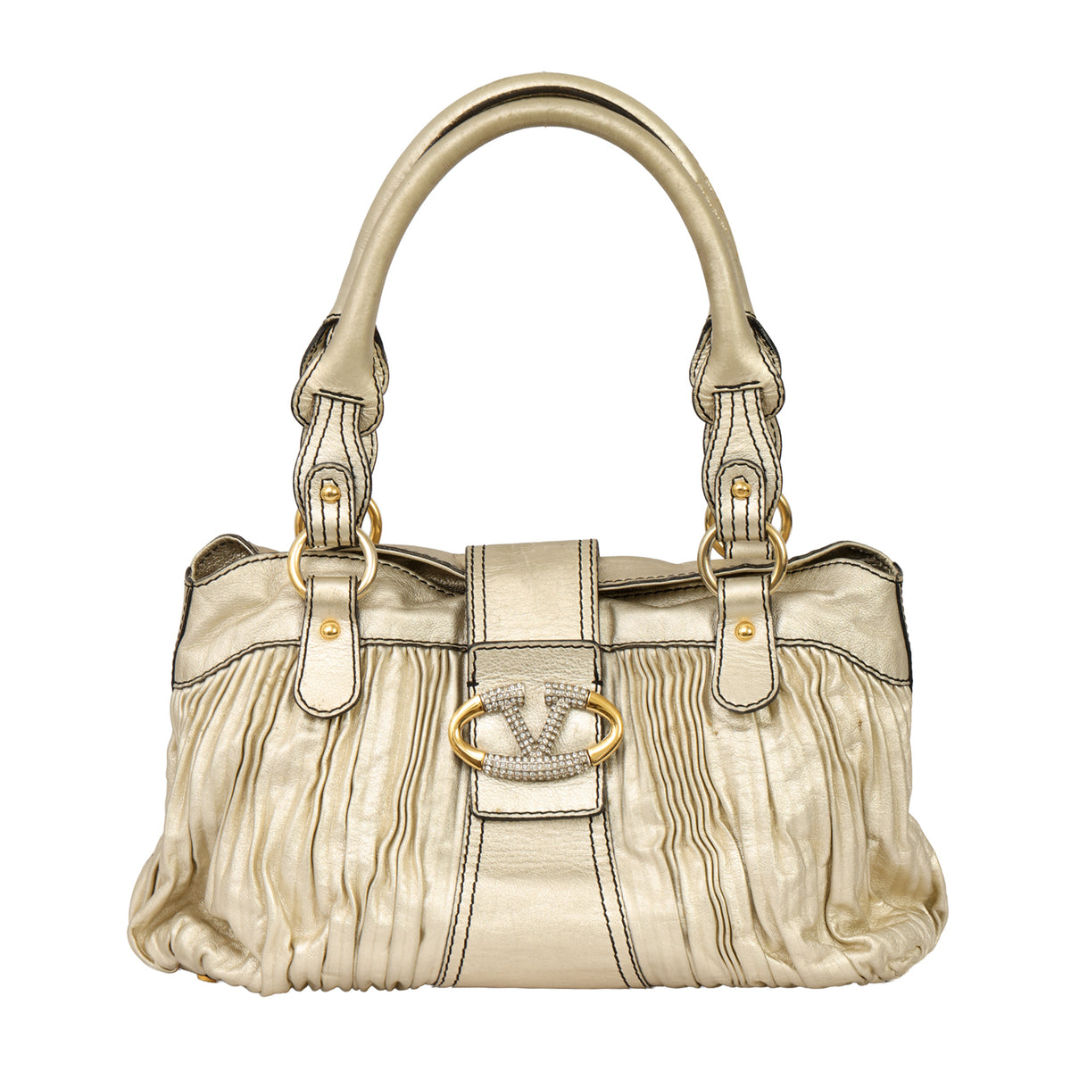 Valentino Garavani Metallic Gold Crystal Catch Satchel Bag