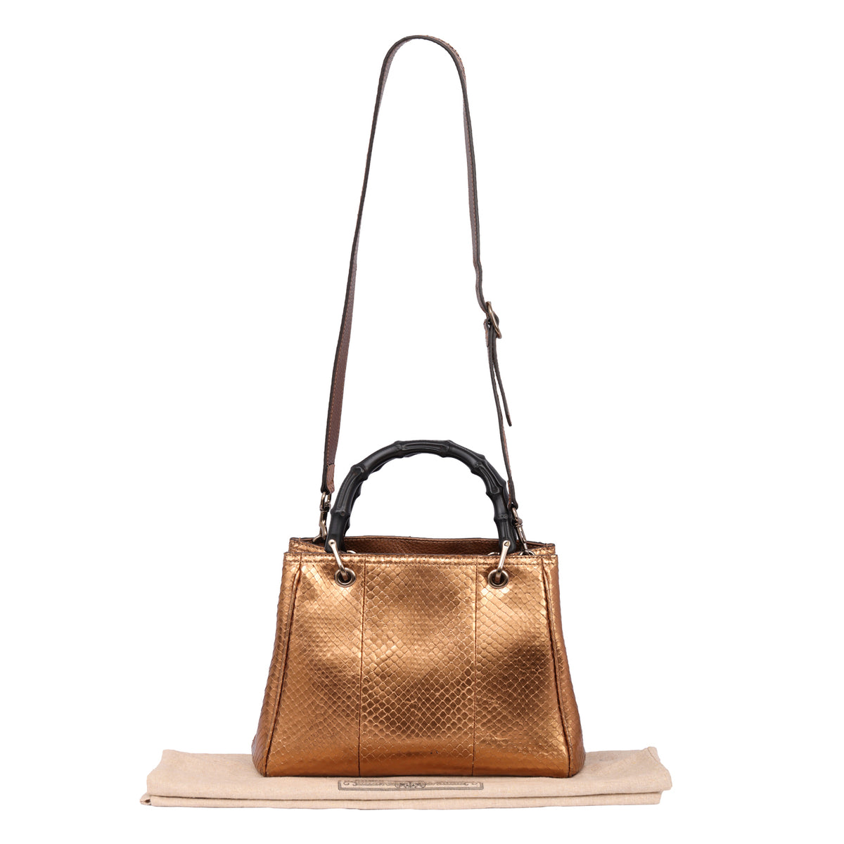 GUCCI BAMBOO HOPPER BRONZE PYTHON LEATHER TOTE BAG