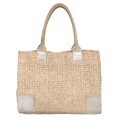 TORY BURCH WOVEN RAFFIA LOGO TOTE BAG