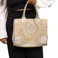 TORY BURCH WOVEN RAFFIA LOGO TOTE BAG