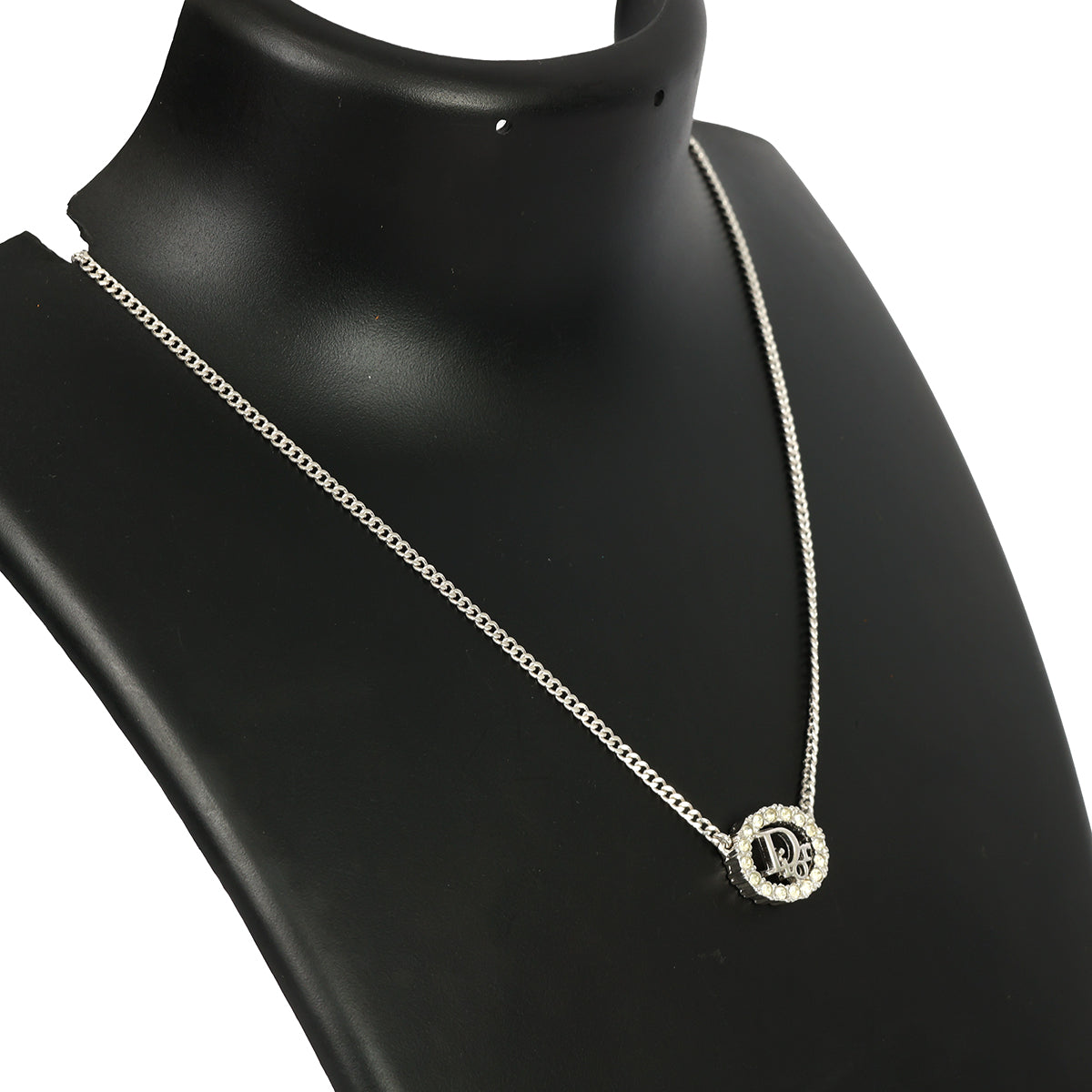 CHRISTIAN DIOR SILVER-TONE  OVAL PENDANT WITH CRYSTAL DIOR LOGO 