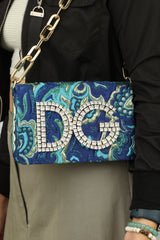 Dolce And Gabbana In Blue Brocade Crystal Embellished Bag