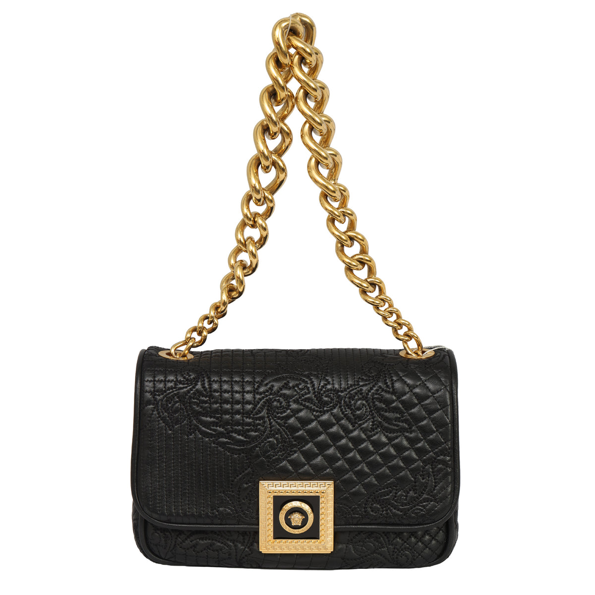 VERSACE MEDUSA EMBLEM CLASP QUILTED LEATHER SHOULDER BAG