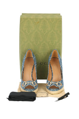 Gucci Size Eu- 37.5 Horsebit Monogram Denim Wedges