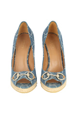 Gucci Size Eu- 37.5 Horsebit Monogram Denim Wedges