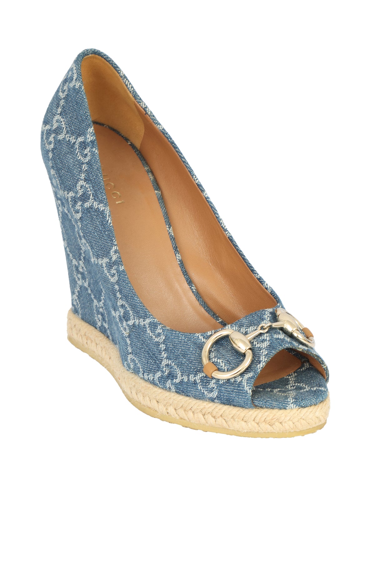Gucci Size Eu- 37.5 Horsebit Monogram Denim Wedges