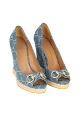 Gucci Size Eu- 37.5 Horsebit Monogram Denim Wedges