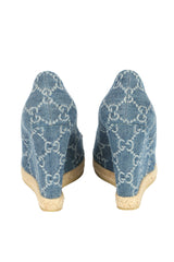 Gucci Size Eu- 37.5 Horsebit Monogram Denim Wedges